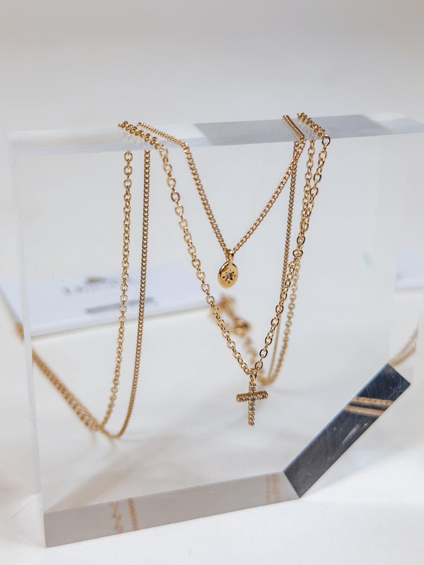 Two Layer Rhinestone Cross and Gold Chain 16"-18" Necklace