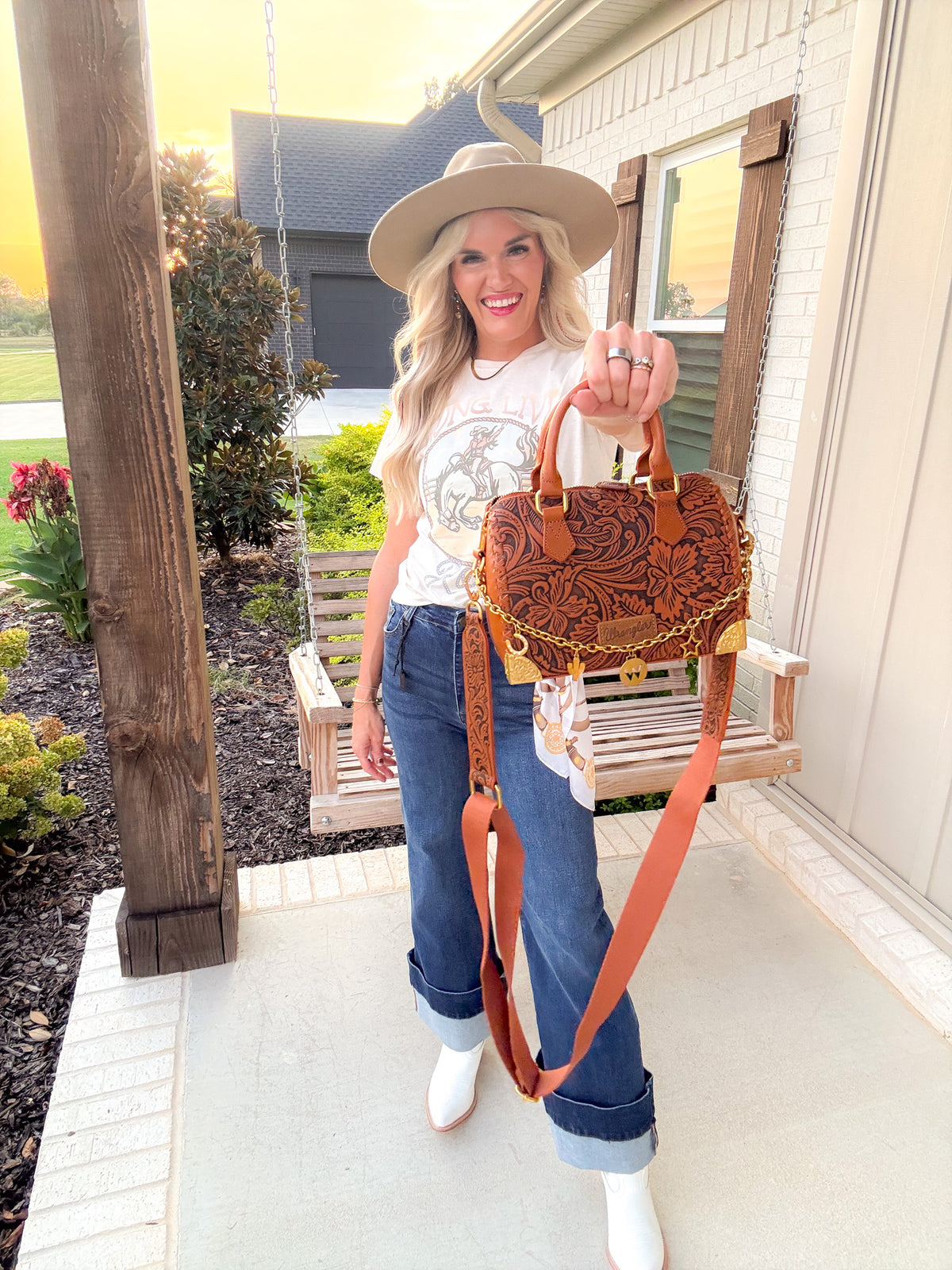 Wrangler Leather Tooled Floral Boston Crossbody Bag | Brown