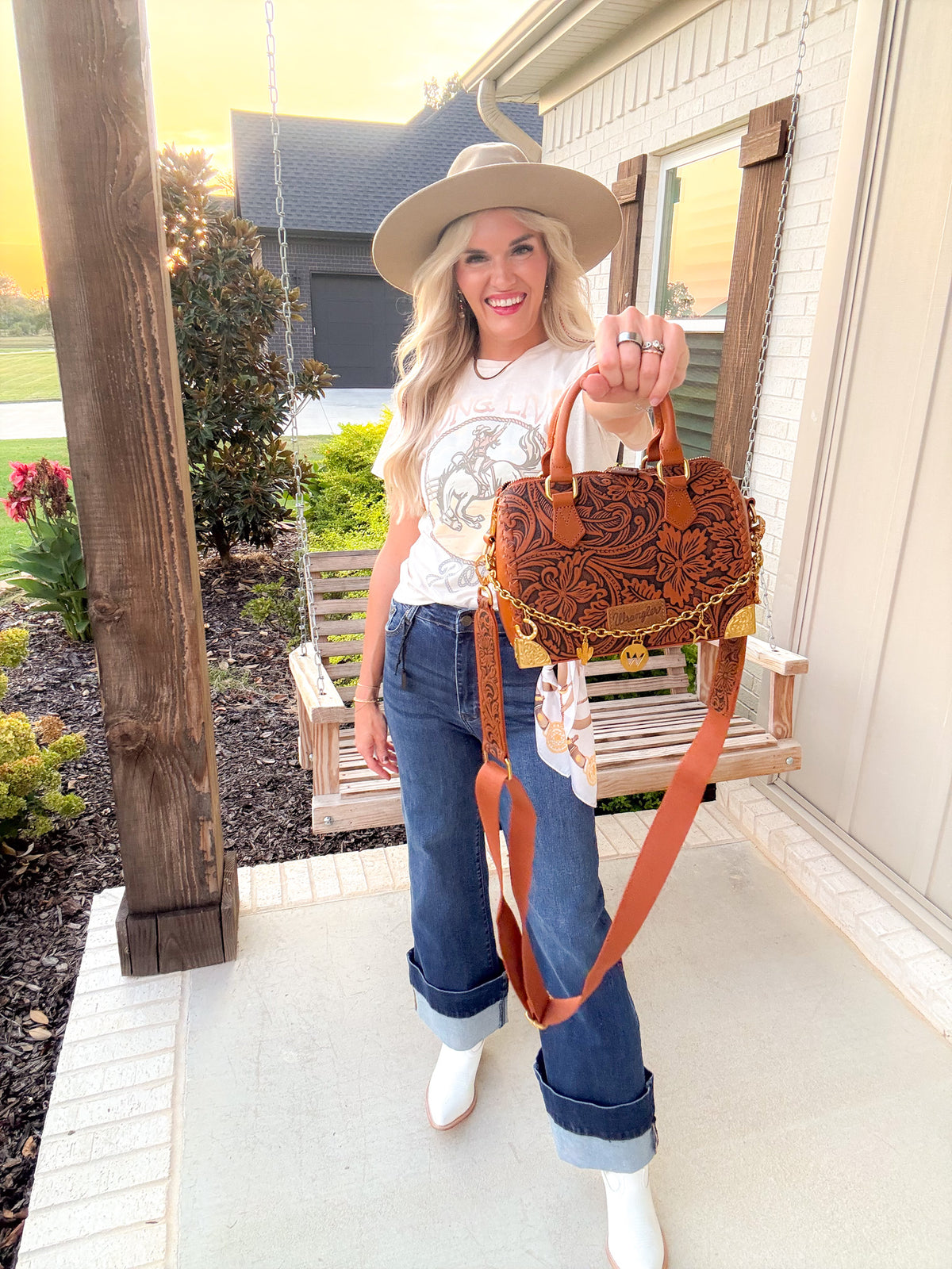Wrangler Leather Tooled Floral Boston Crossbody Bag | Brown