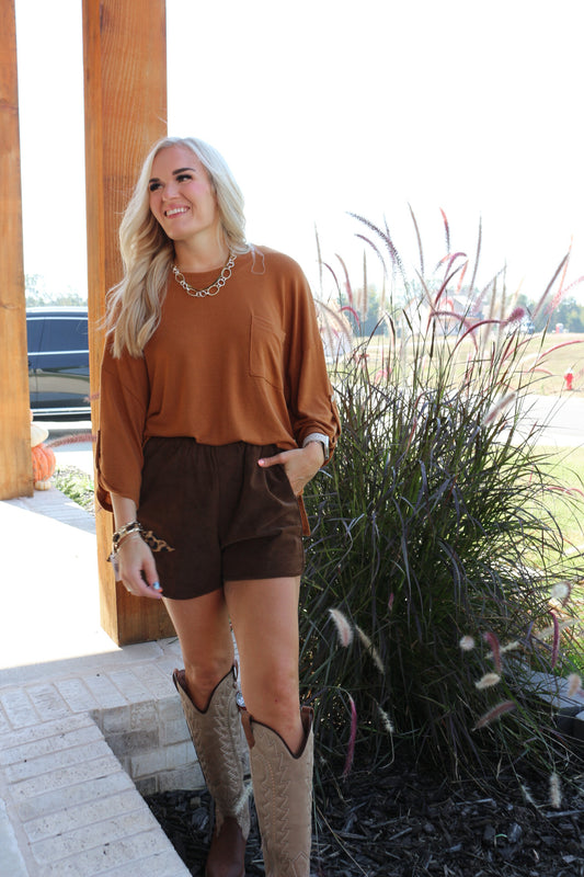 Finding Myself Chocolate Suede Shorts