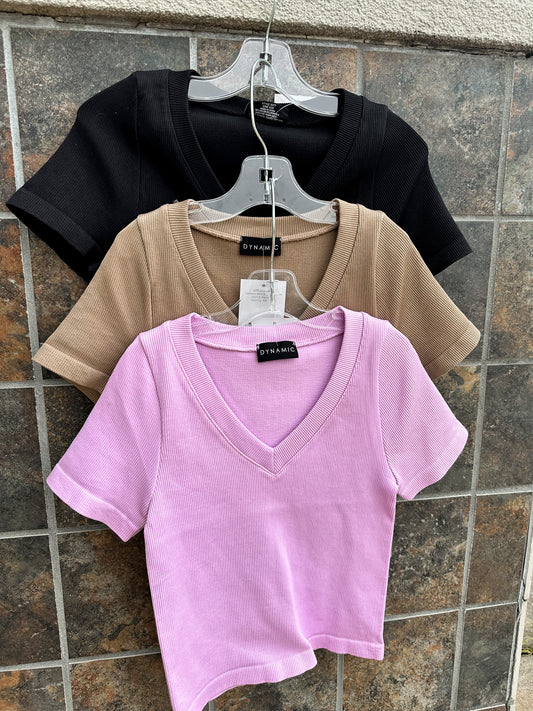 Make You Wonder Ribbed V-Neck Dynamic Tee -3 Colors