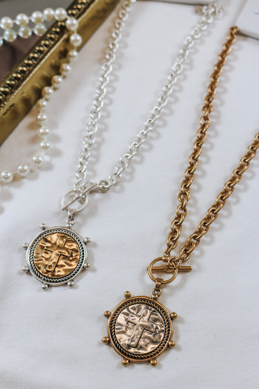 Chain Stamped Cross Coin Charm 16"-18" Necklace -2 Colors