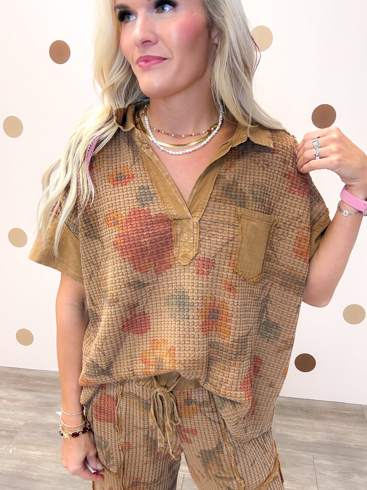Boho Meadows Women's Mocha Floral Waffle Knit Top