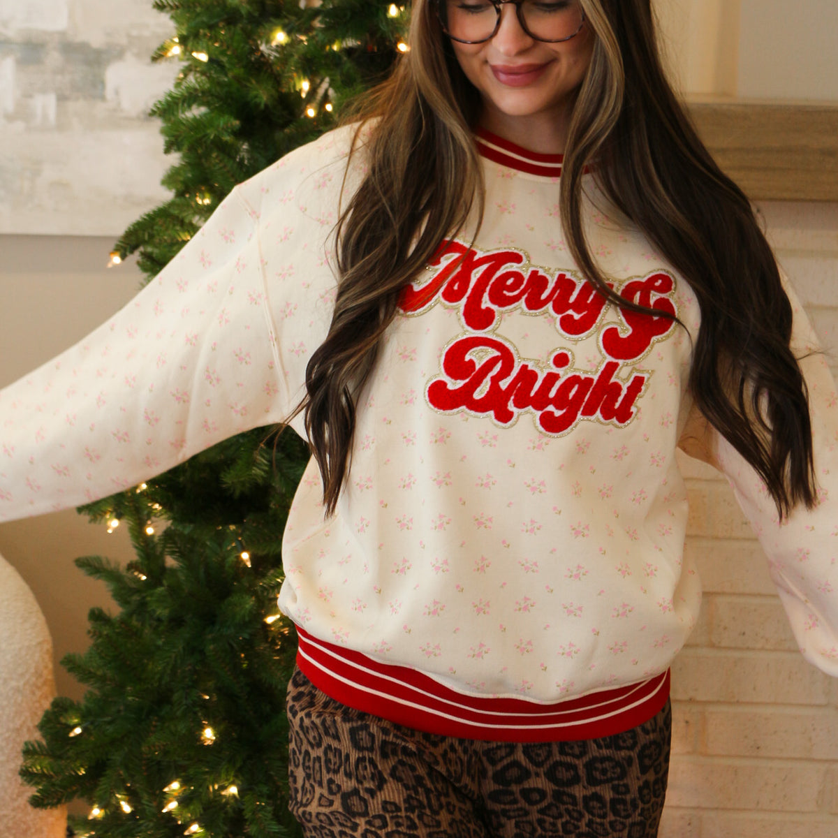 Holiday Dainty Floral Varsity Crewneck Sweatshirt