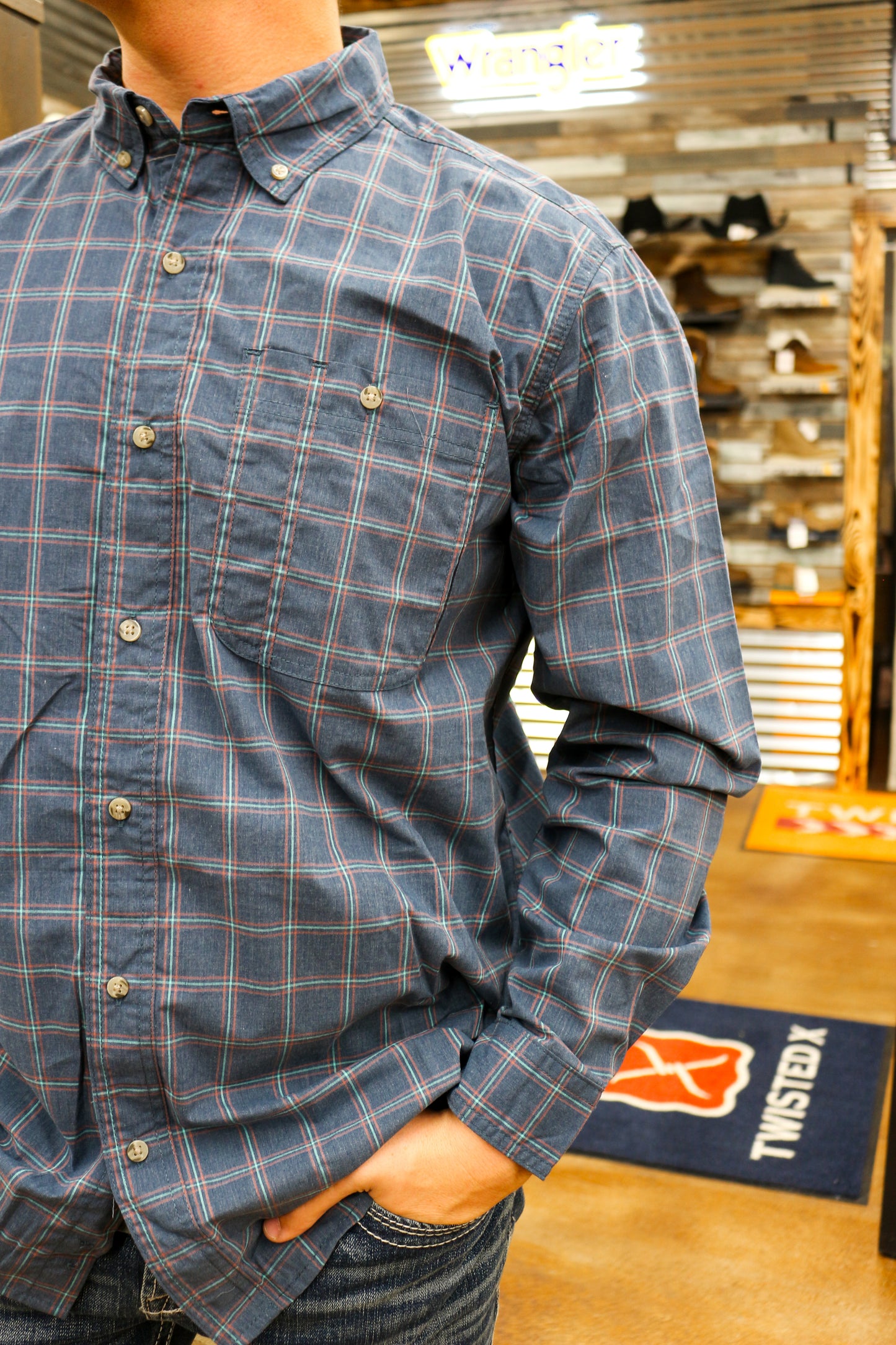 Blue Wrinkle Resist Long Sleeve Button Up