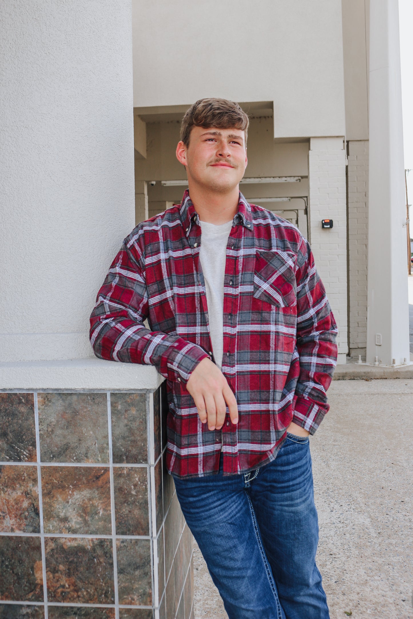 Burgundy & Grey Plaid Flannel Long Sleeve Shirt