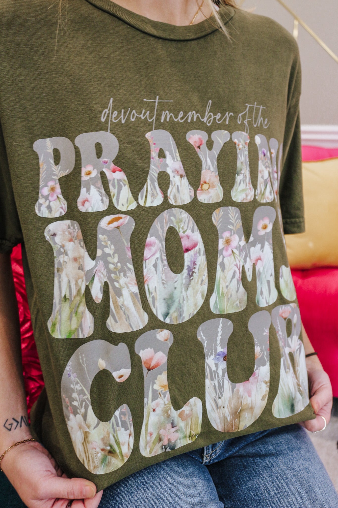 Praying Moms Club Olive Green Floral Graphic Tee