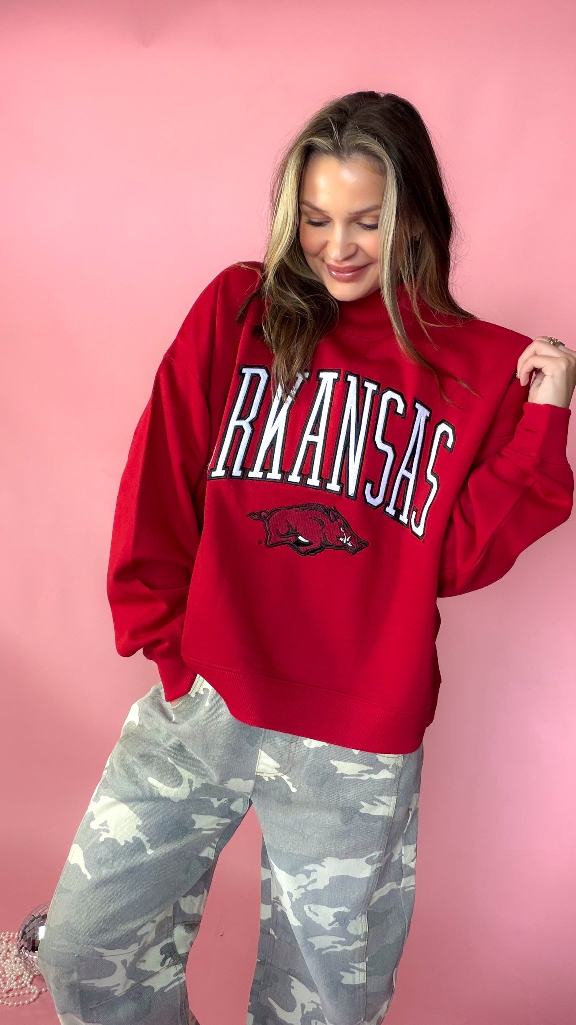 Mock neck Arkansas graphic sweatshirt, shown in one of two available colors