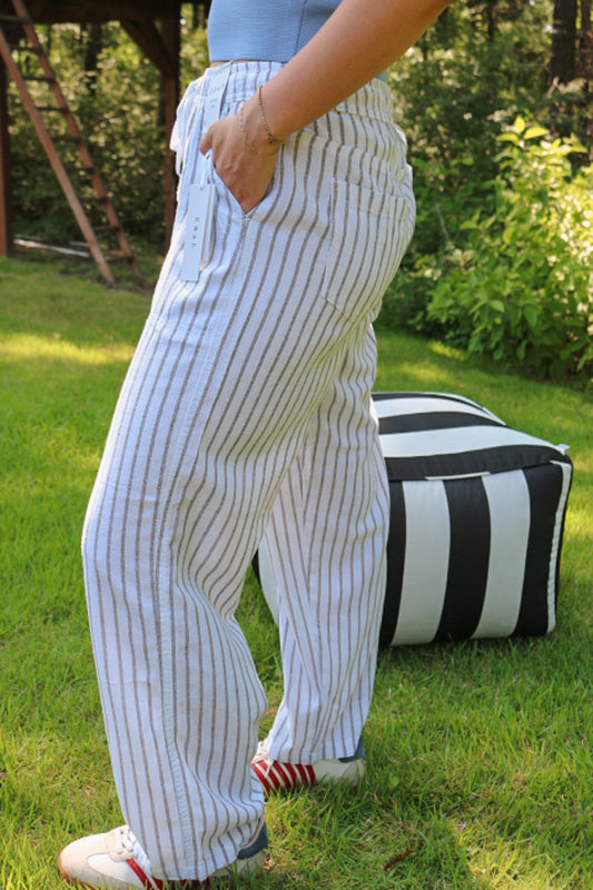 Life In A Breeze Taupe White Linen Stripe Pants