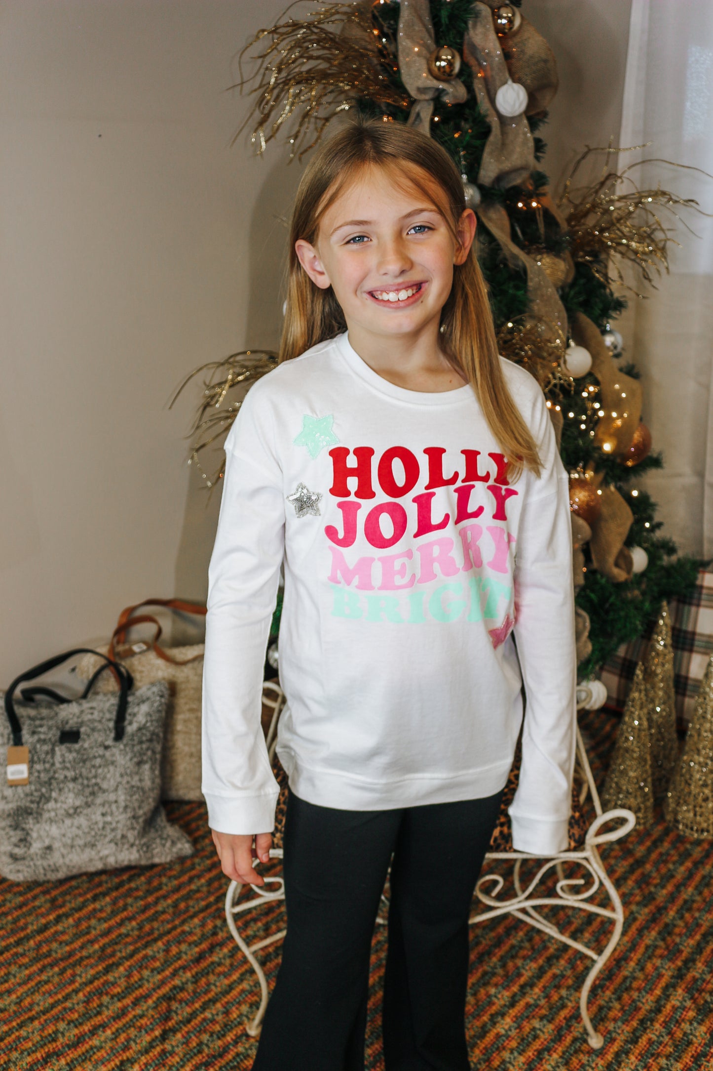 Holly Jolly White Stars Youth Girls Sweatshirt