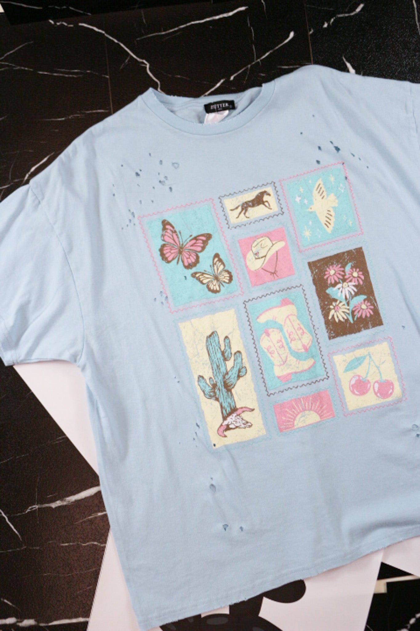 Western Stamps Light Blue Oversized Graphic Tee