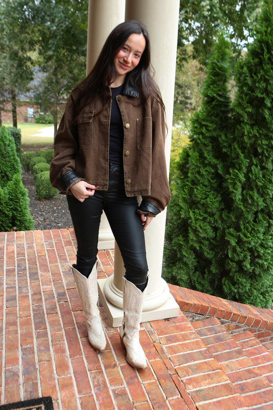 Limitless Efforts Cocoa Leather Denim Jacket