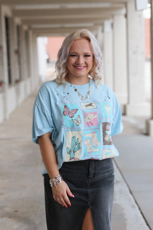 Western Stamps Light Blue Oversized Graphic Tee
