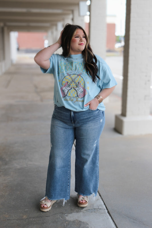 Rock N Roll Light Blue Oversized Graphic Tee