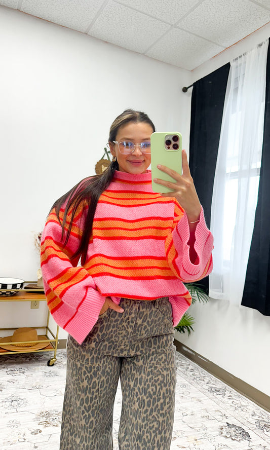 Quinnie Pink & Orange Turtleneck Sweater By Mud Pie