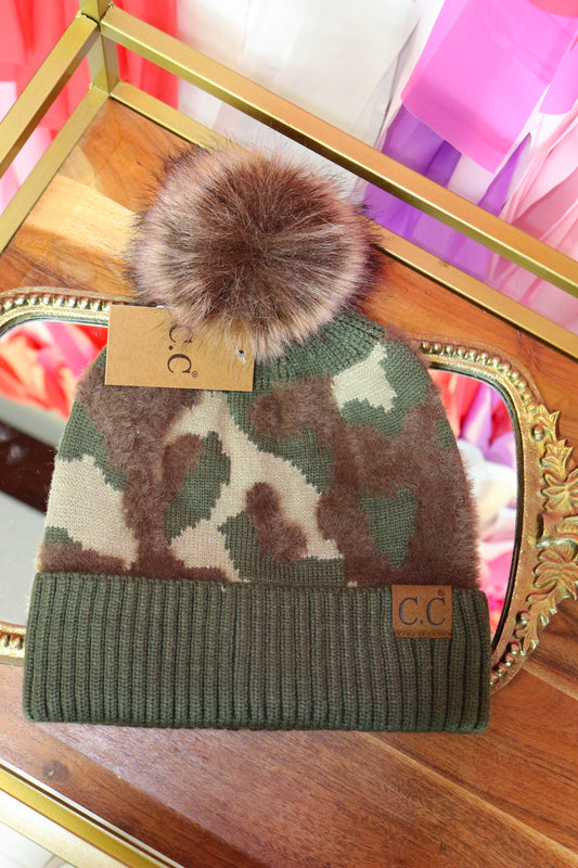 Abstract Camo Print Pom C.C Beanie -Olive Green
