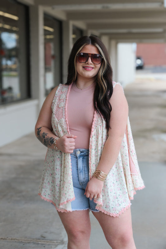 Early Blooms Pearl Pink Floral Sleeveless Cardigan