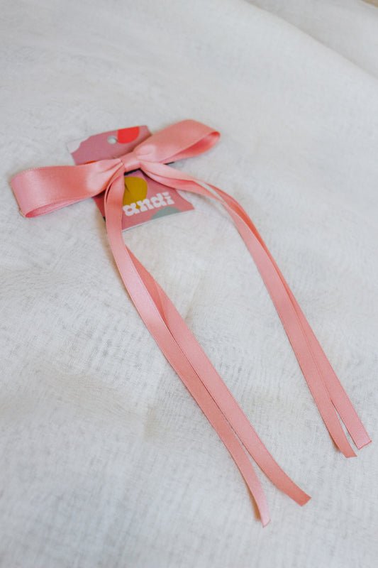 Satin Ribbon Long Bow Clip- Pink