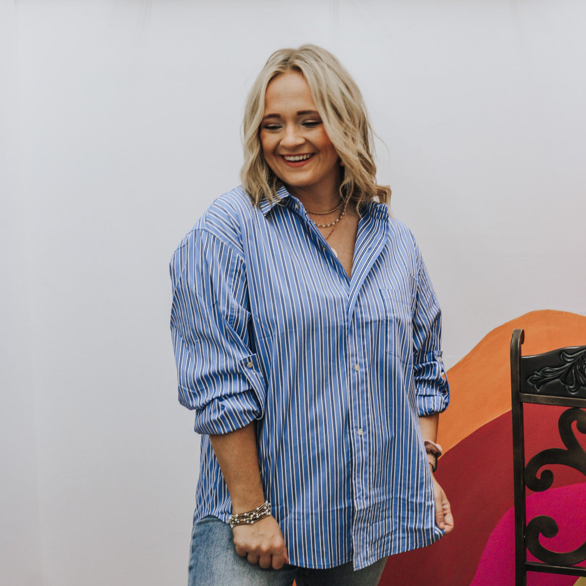 Light blue and white striped oversized button-up shirt