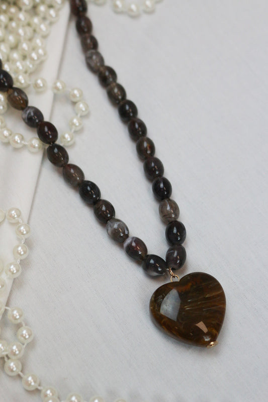 Brown Beaded Stone Heart Necklace