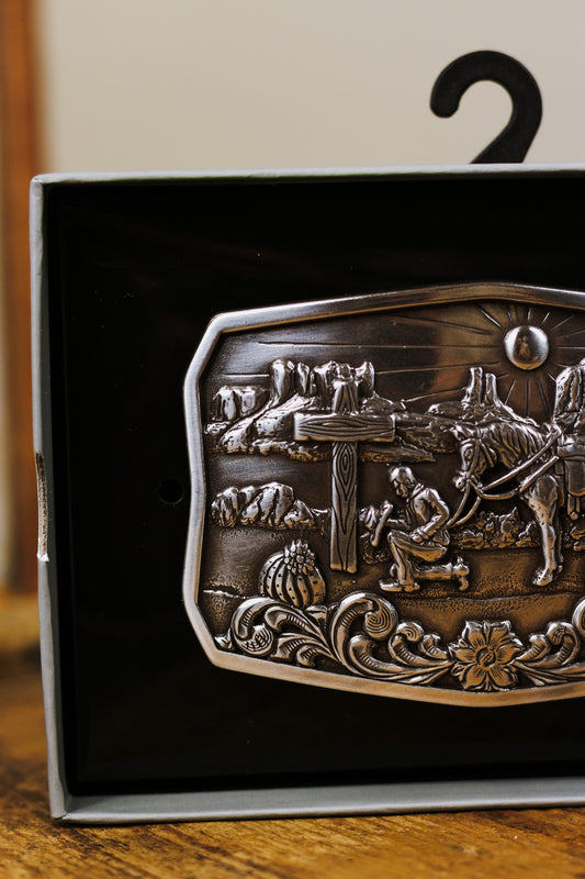 Nocona Men's Antique Silver Cowboy Prayer Motif Belt Buckle