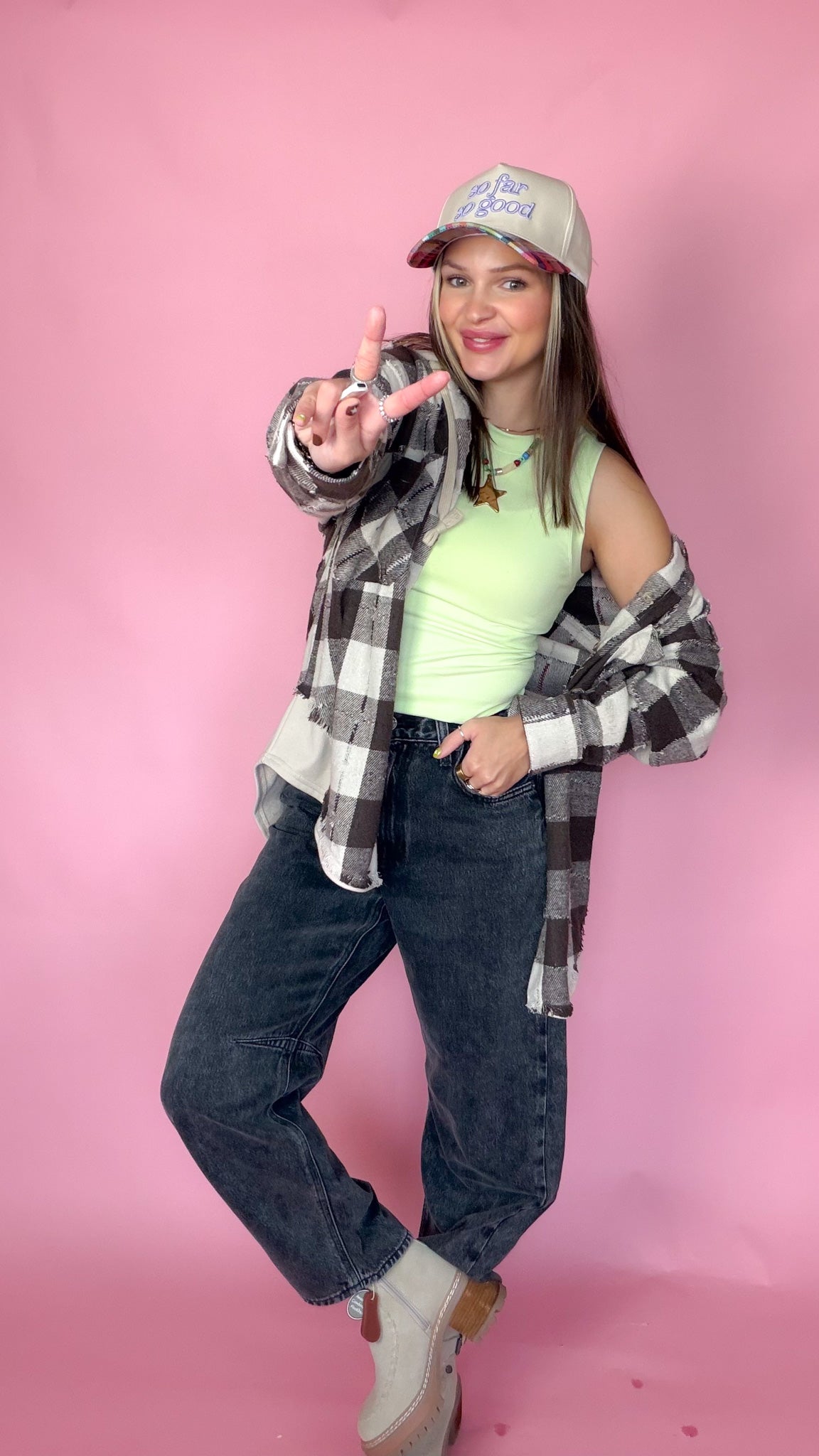Good Company Hoodie Plaid Flannel in black and white, front view with green tank