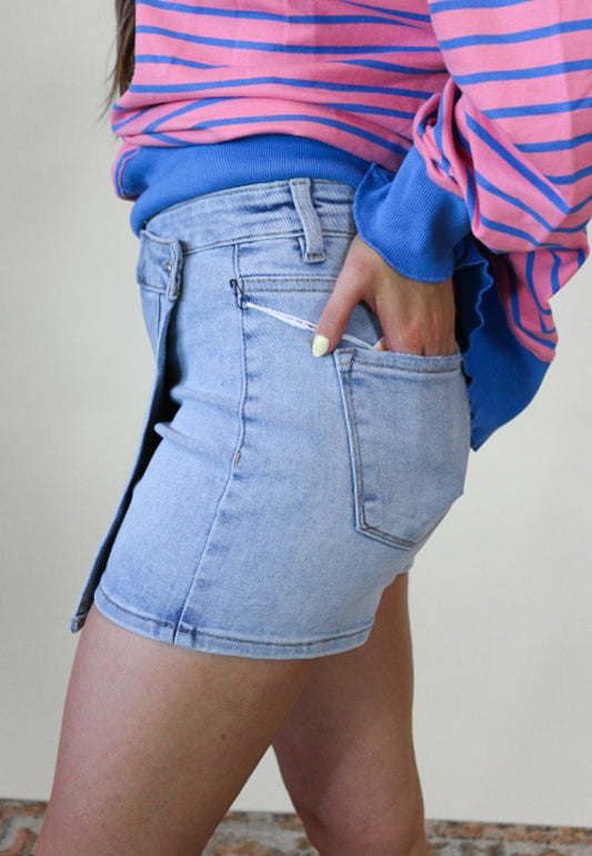 Risen Light Wash Mid Rise Denim Skort