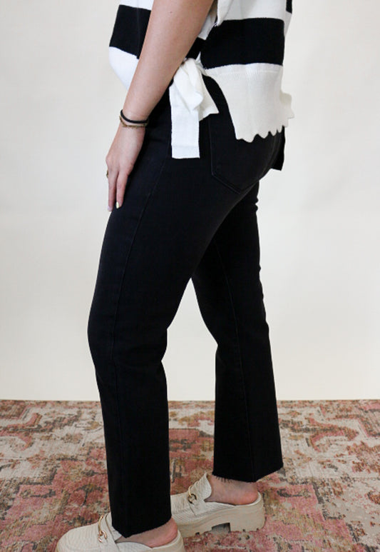 Risen Mid Rise Straight Raw Edge Black Jeans