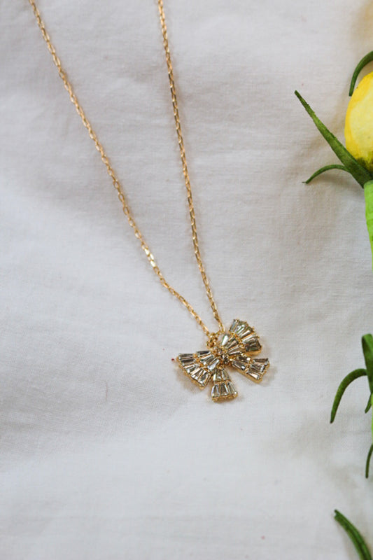 Gold Chain Rhinestone Bow Charm 16"-18" Necklace