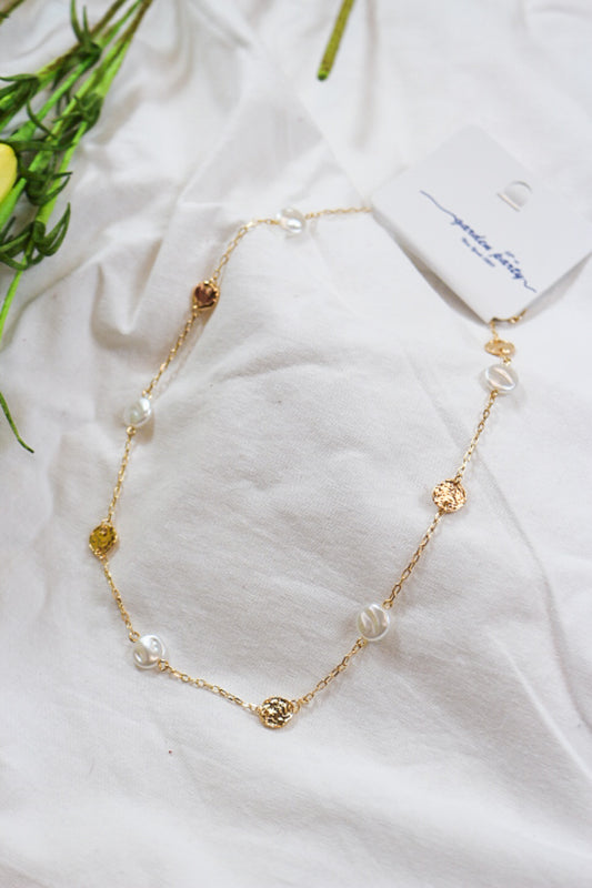 Hammered Gold Coin and Pearl 16"-18" Necklace