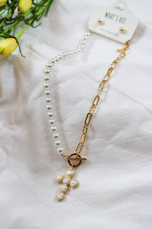 Gold Pearl Chain Cross Charm 16"-18" Necklace