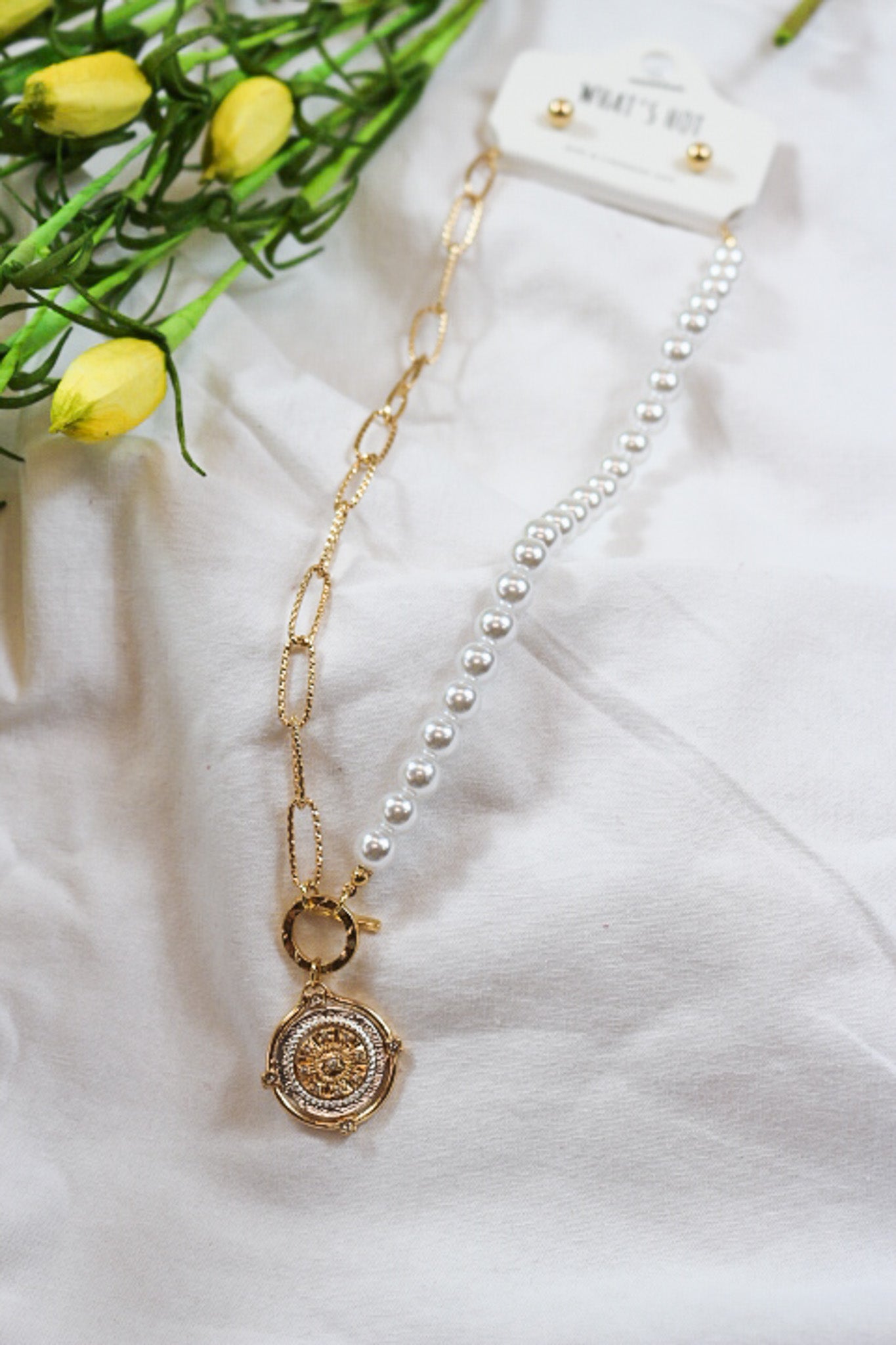 Gold and Pearl Chain Coin Charm 16"-18" Necklace