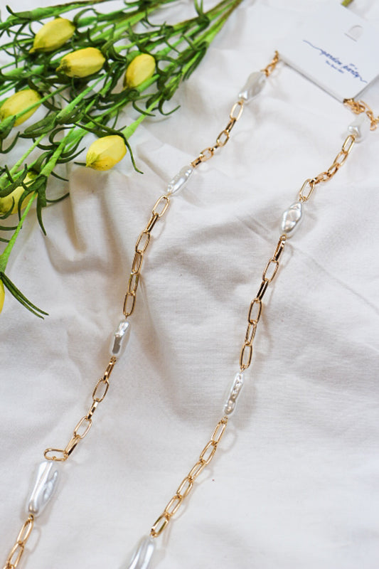 Gold Pearl Long Chain Necklace