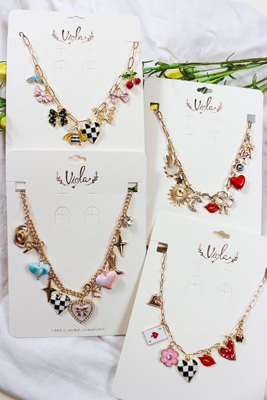 Black & Red Multi Charm Gold Necklace