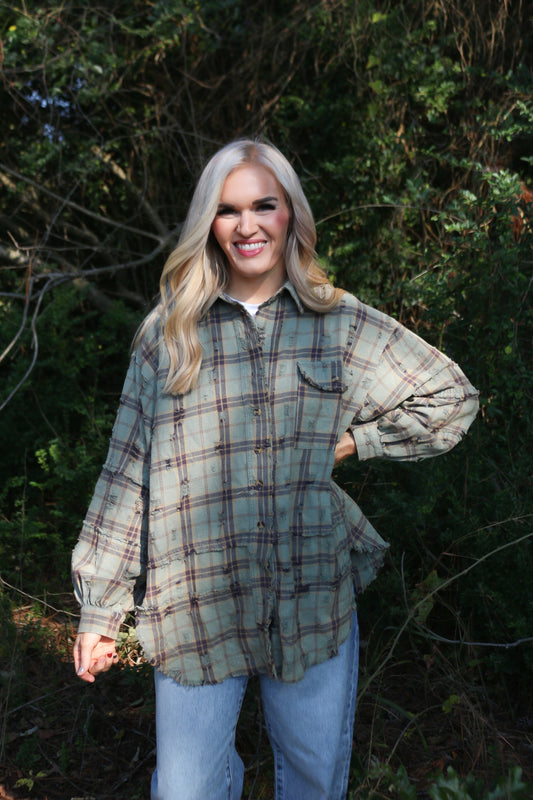 Flirty In Fall Distressed Plaid Flannel Top -2 Colors