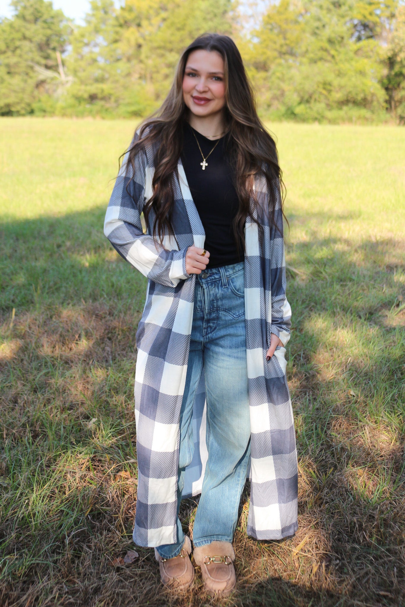 Maintain Effort Grey White Plaid Duster Cardigan