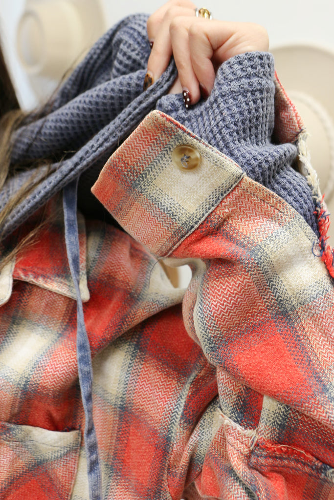 Bonfire Cutie Navy Red Plaid Hoodie Shacket