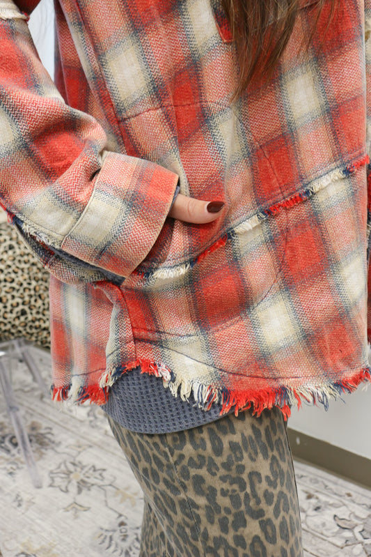 Bonfire Cutie Navy Red Plaid Hoodie Shacket