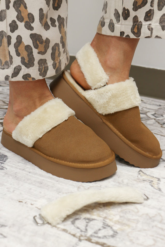 Icier Fuzzy Strap Platform Cognac Slippers MIA