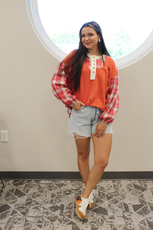 Golden Harvest Boho Red Plaid Top