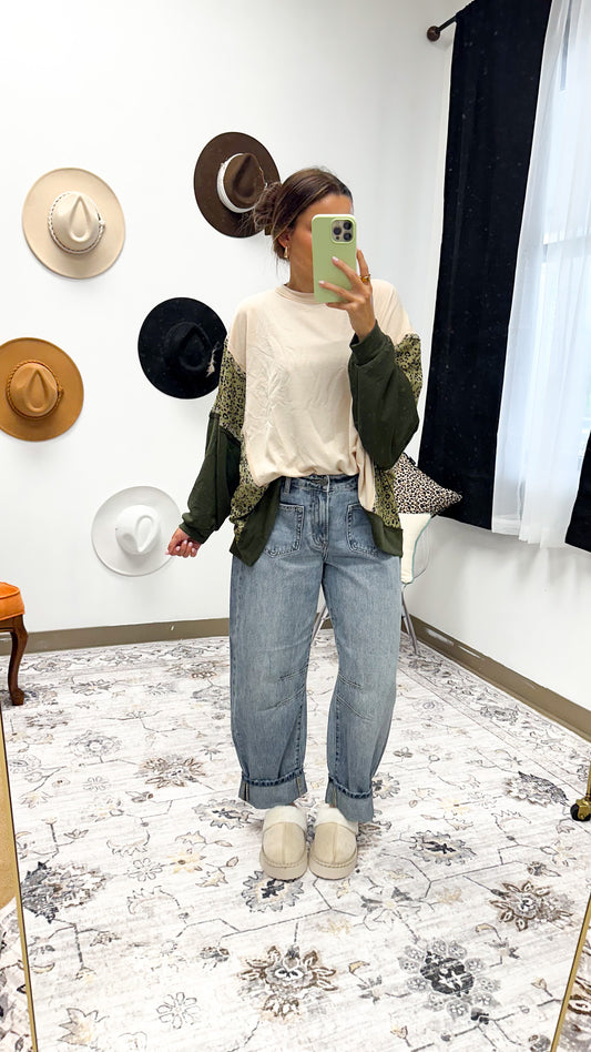 Old Time Sake Dark Olive Leopard Top