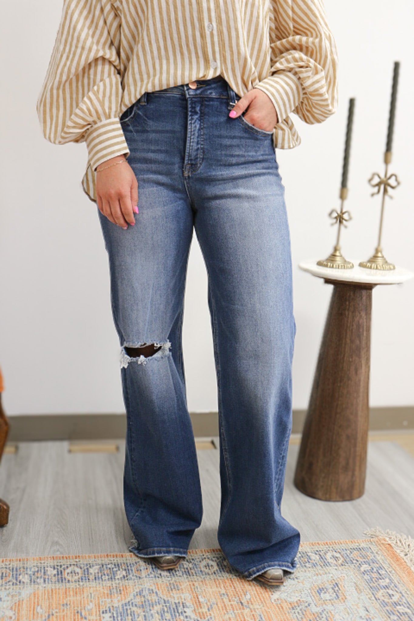 Risen High Rise Wide Leg Tummy Control Dark Blue Jeans