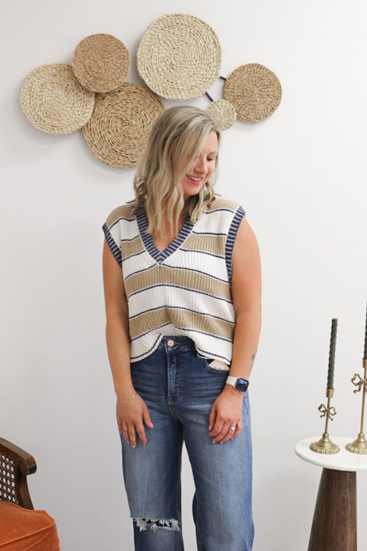 Cozy Hues Camel Blue Stripe Sweater Vest