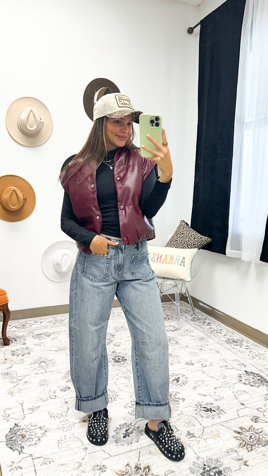 Iconic Record Plum Leather Puffer Vest