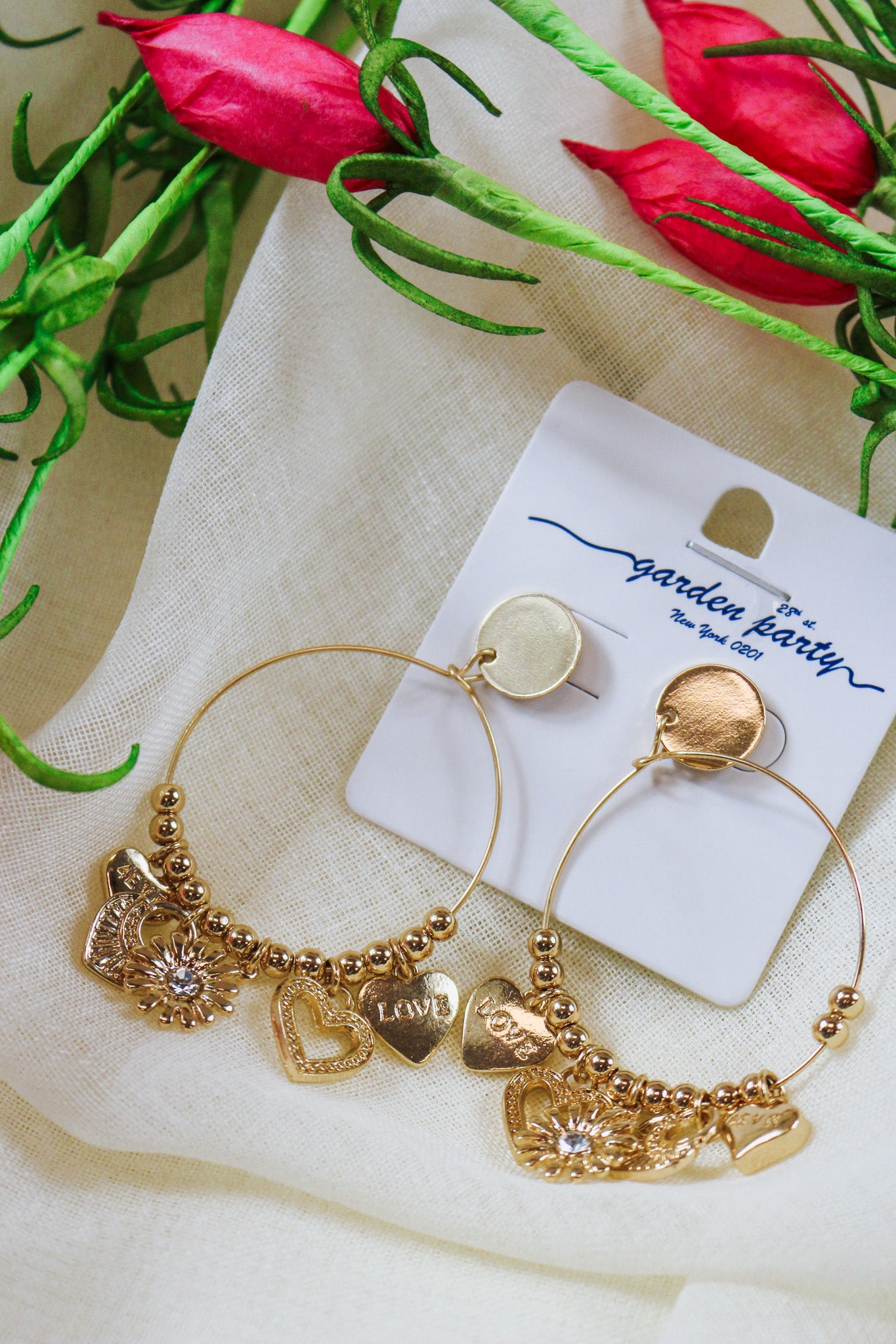 Gold Coin Hoop With Charms Drop Earrings