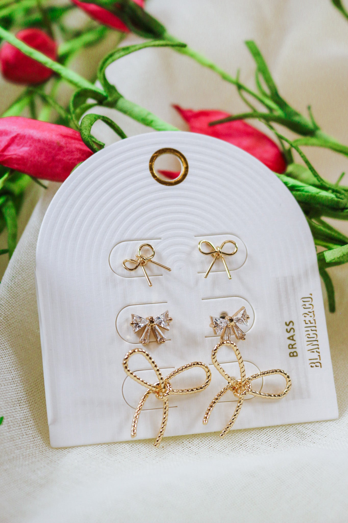 Set of 3 Gold Bows Stud Earrings