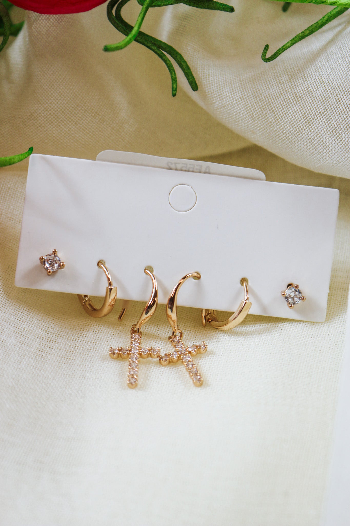 Set of 3 Gold Cross & Stud Earrings