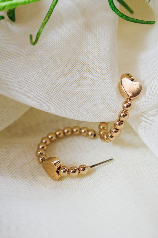 Gold Beaded Hoop With Heart Earrings