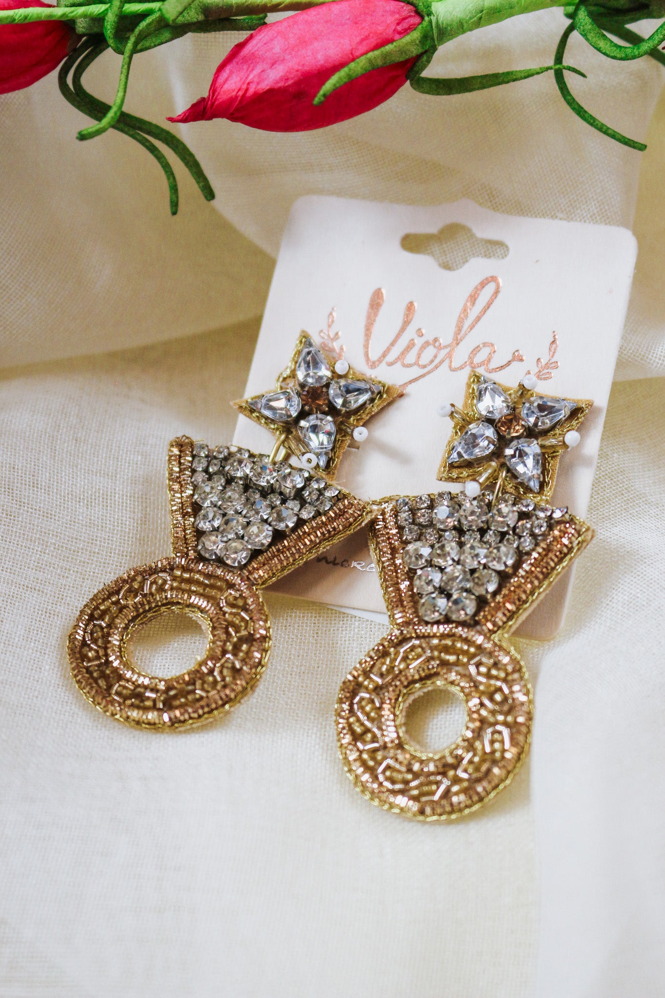 Gold Bead and Rhinestone Ring 2" Earrings