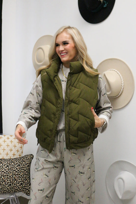 Ancient Memories Olive Green Puffer Vest